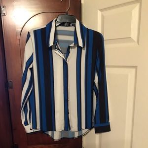 Blouse button down striped blue black and white.